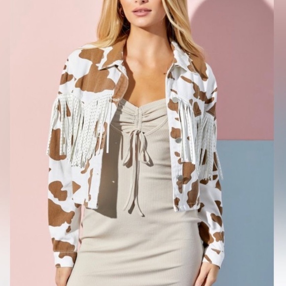 NWOT Cow Print Fringe Denim Jean Jacket - Picture 2 of 3